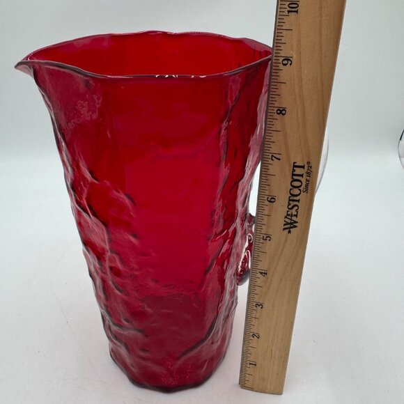 Morgantown Ruby Red Crinkle Glass 9" Pinched Pitcher With Clear Handle EUC - Picture 11 of 14